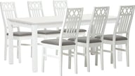 Hovi ruokailuryhmä 170x85. Valkoinen pöytä. Valkoinen tuoli, vaaleanharmaa verhoilu: Tyylikäs ruokailuryhmä kuudelle, jossa valkoinen pöytä (170x85 cm) ja vaaleanharmaalla verhoiltuja tuoleja. Sopii moderniin ruokailutilaan.