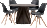 Metz & Concept Oak ruokailuryhmä (1+4): Tyylikäs pyöreä ruokapöytä, halkaisijaltaan 120 cm, täydellinen neljän hengen ruokailuryhmään. Smoked-tammiviimeistely, mustat tuolit. Erinomainen valinta moderniin ruokailutilaan.