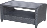 Torino sohvapöytä 92x56cm, musta polyrottinki: Tyylikäs matala sohvapöytä, musta polyrottinkia ja Easywood-pintaa. Sopii täydellisesti terassille tai puutarhaan. Kestävä ja moderni valinta ulkokalusteisiin.
