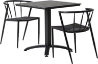 Dakota & Deco ruokailuryhmä 70x70 kahdelle: Tyylikäs Dakota-pöytä (70x70 cm) musta-harmaana, täydellinen ulkoruokailuryhmään. Mukana 2 deco-tuolia mustalla rungolla ja naruilla. Sopii terassille ja parvekkeelle.