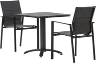 Seattle & Newark ruokailuryhmä 60x60 kahdelle: Tyylikäs musta 60x60 cm parvekepöytä, täydellinen ulkoilmaelämään. Sopii erinomaisesti parvekkeelle tai terassille ruokailuryhmän osaksi.