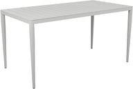 Bigby ruokapöytä 144x76 cm, vaalean harmaa: Valkoharmaa ruokapöytä ulkokäyttöön, 144x76 cm. Tyylikäs ja kestävä valinta terassille tai puutarhaan. Sopii täydellisesti ulkoilmaterasseille.