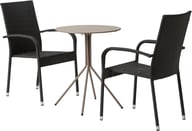 Trento & Palma ruokailuryhmä pyöreä 60cm kahdelle khaki/musta: Tyylikäs pyöreä parveke pöytä, 60 cm, khaki. Mukana kaksi pinottavaa mustaa tuolia. Täydellinen ruokailuryhmä ulos tai parvekkeelle.