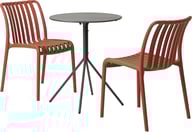 Trento & Avellino ruokailuryhmä pyöreä 60cm kahdelle Musta pöytä / punaiset tuolit: Tyylikäs pyöreä parvekepöytä (60 cm) mustana, täydellinen ruokailuryhmän lisä. Mukana kaksi punaisella verhoiltua Avellino-tuolia. Erinomainen valinta ulkotiloihin!