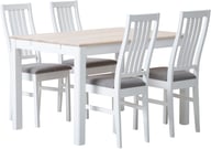 Pikkukuva: Hovi ruokailuryhmä 120x85cm neljälle, valkoinen/valkolakattu pöytä, valkoinen Delux-tuoli, vaaleanharmaa verhoilu