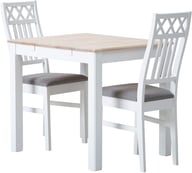 Pikkukuva: Hovi ruokailuryhmä 70x85cm kahdelle, valkoinen/valkolakattu pöytä, valkoinen XXX-tuoli, vaaleanharmaa verhoilu