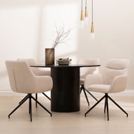 Rotondo & Everly ruokailuryhmä 120cm neljälle: Tyylikäs pyöreä ruokailuryhmä neljälle mustalla pöydällä ja hiekka värisillä tuoleilla. Täydellinen ruokailutilaan moderniin kotiin.