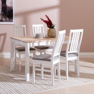 Pikkukuva: Hovi ruokailuryhmä 120x85cm neljälle, valkoinen/valkolakattu pöytä, valkoinen Delux-tuoli, vaaleanharmaa verhoilu