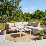 Pikkukuva: Asgård avokulmasohva rahipäädyllä, taupe/beige + sohvapöytä
