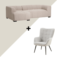 Janice & Emmi Divaanisohva (vasen) beige + nojatuoli beige: Tyylikäs divaanisohva vasemmalle, beige väri, moderni ja mukava. Sopii täydellisesti olohuoneeseen tai rentoutumisnurkkaukseen. Elegantti nojatuoli yhdistää käytännöllisyyden ja designin.