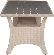 Savona sohvapöytä 144x67cm, harmaa/beige polyrottinki: Tyylikäs korkea sohvapöytä vaaleanharmaasta polyrottingista, täydellinen terassille tai puutarhaan. Kestävä ja helppohoitoinen valinta ulkokalusteisiin.