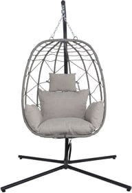 Sagay riipputuoli rungolla harmaa/musta: Tyylikäs musta-harmaa riipputuoli, täydellinen rentoutumiseen terassilla tai parvekkeella. Ergonominen muotoilu ja kestävä rakenne.