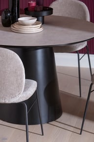 Sophie ruokailuryhmä pyöreä 120cm neljälle: Tyylikäs pyöreä ruokailuryhmä neljälle, beige-musta, 120 cm. Sopii täydellisesti moderniin ruokailutilaan. Erinomainen valinta kodin sisustukseen.