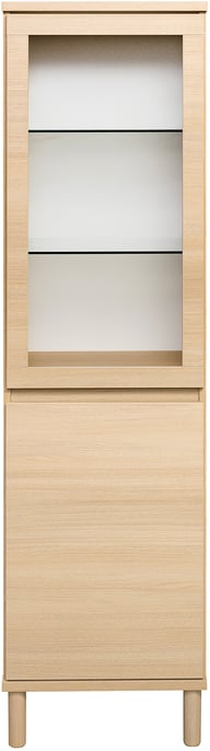 Sata-sarja korkea vitriini nro 98. 47cm oikea ovella vaalea tammi, pyöreä jalka