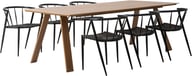 Messina & Deco ruokailuryhmä 220x100 kuudelle: Tyylikäs ruokailuryhmä ulkokäyttöön, sisältäen 220x100 cm pöydän ja kuusi mustarunkoista Deco-tuolia. Erinomainen valinta terassille tai puutarhaan!