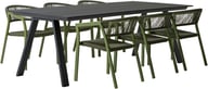Messina & Elegance ruokailuryhmä 220x100 kuudelle: Tyylikäs ulkoruokailuryhmä, musta pöytä (220x100 cm) ja 6 pinottavaa vihreää tuolia. Loistava valinta terassille tai puutarhaan.