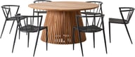 Deco ruokailuryhmä pyöreä 150cm kuudelle: Tyylikäs pyöreä ruokapöytä, 150 cm, luonnon tiikkiä. Mukana kuusi mustaa Deco-tuolia, täydellinen ulkoruokailuun terassilla tai puutarhassa.