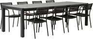 Dakota & Calle ruokailuryhmä jatkettava 205/275x95cm kahdeksalle: Tyylikäs musta-harmaa ruokailuryhmä ulkokäyttöön, sisältää jatkopöydän ja 8 pinottavaa tuolia. Erinomainen valinta terassille tai puutarhaan.