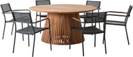 Deco & Calle ruokailuryhmä pyöreä 150cm kuudelle: Tyylikäs 150 cm pyöreä ruokapöytä luonnon tiikistä, täydellinen ulkokäyttöön. Mukana 6 pinottavaa mustaa tuolia, loistava valinta terassille tai puutarhaan.