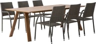 Messina & Oliva ruokailuryhmä 220x100 kuudelle: Tyylikäs Messina ruokailuryhmä ulos, 220x100 cm pöytä luonnonvärillä ja 6 pinottavaa harmaata tuolia. Täydellinen terassille tai puutarhaan.