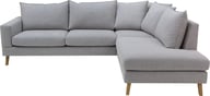 Salerno avokulmasohva (oikea): Muokattava kulmasohva Salerno, harmaa kangas, moderni design, tammijalat. Sopii täydellisesti olohuoneeseen, luo mukautuvan tilan.