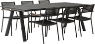 Messina & Calle ruokailuryhmä 220x100 kuudelle: Tyylikäs musta ruokailuryhmä ulos, sisältää 220x100 cm pöydän ja kuusi pinottavaa tuolia. Täydellinen terassille tai puutarhaan.