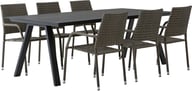 Messina & Oliva ruokailuryhmä 220x100 kuudelle: Tyylikäs musta ruokailuryhmä, johon kuuluu 220x100 cm pöytä ja 6 pinottavaa harmaata tuolia. Täydellinen ulos terassille tai puutarhaan.