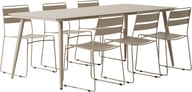 Lina ruokailuryhmä 200x90 kuudelle: Tyylikäs ruokailuryhmä ulos, vaalea taupe. Mukaan kuuluu 200x90 cm pöytä ja 6 tuolia, täydellinen terassille tai puutarhaan.