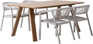 Messina & Elegance ruokailuryhmä 160x100 neljälle: Tyylikäs ulkoruokailuryhmä, jossa luonnonvärinen ruokapöytä ja neljä pinottavaa taupe-tuolia. Täydellinen terassille tai puutarhaan.