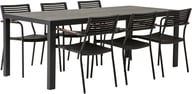 Dakota & Calle ruokailuryhmä 205x90 kuudelle: Tyylikäs ruokailuryhmä ulkokäyttöön, musta-harmaa Dakota-pöytä (205x90 cm) ja kuusi pinottavaa Calle-tuolia. Täydellinen terassille!
