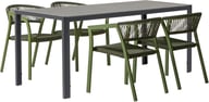 Dakota & Elegance ruokailuryhmä 150x90 neljälle: Tyylikäs ruokailuryhmä ulos, musta-harmaa Dakota-pöytä (150x90 cm) ja neljä vihreää pinottavaa Elegance-tuolia. Täydellinen terassille tai puutarhaan!