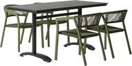 Dakota & Elegance ruokailuryhmä 130x70 neljälle: Tyylikäs ulkoruokailuryhmä, jossa musta-harmaa Dakota-pöytä (130x70 cm) ja neljä pinottavaa vihreää Elegance-tuolia. Täydellinen terassille tai puutarhaan!