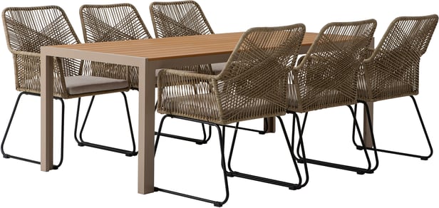 Albury & Maren ruokailuryhmä 205x90 kuudelle, beige/tiikki pöytä & natural/beige tuolit