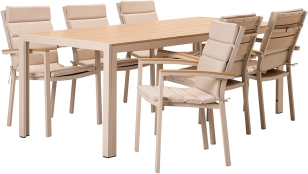 Saarni ruokailuryhmä 205x90, kuudelle, saarni/khaki + beige pehmusteet