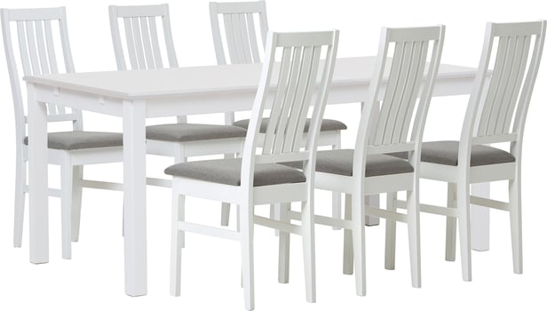 Hovi ruokailuryhmä 170x85. Valkoinen pöytä. Valkoinen tuoli, vaaleanharmaa verhoilu