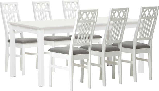 Hovi ruokailuryhmä 170x85. Valkoinen pöytä. Valkoinen tuoli, vaaleanharmaa verhoilu