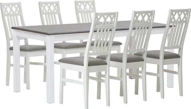 Hovi ruokailuryhmä 170x85. Valkoinen/harmaa pöytä. Valkoinen tuoli, vaaleanharmaa verhoilu