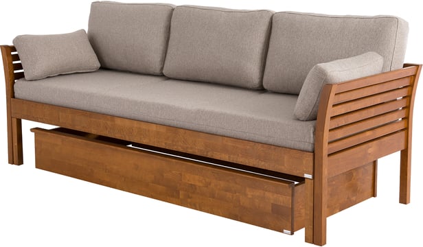 Kanerva 3-istuttava vuodesohva taittopatjasarjalla ja vuodevaatelaatikolla 190cm, pähkinä/beige
