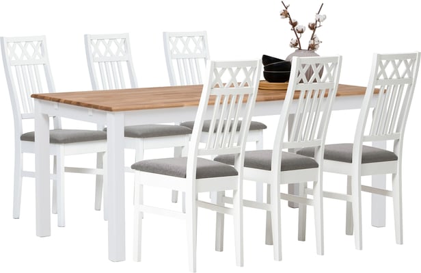 Hovi ruokailuryhmä 170x85. Valkoinen/tammen värinen pöytä. Valkoinen tuoli, vaaleanharmaa verhoilu