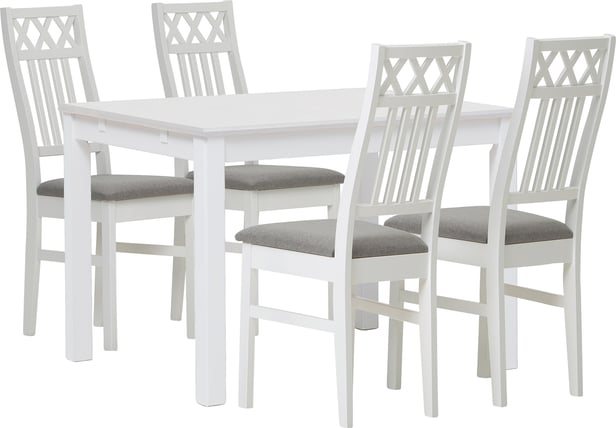 Hovi ruokailuryhmä 120x85. Valkoinen pöytä. Valkoinen tuoli, vaaleanharmaa verhoilu