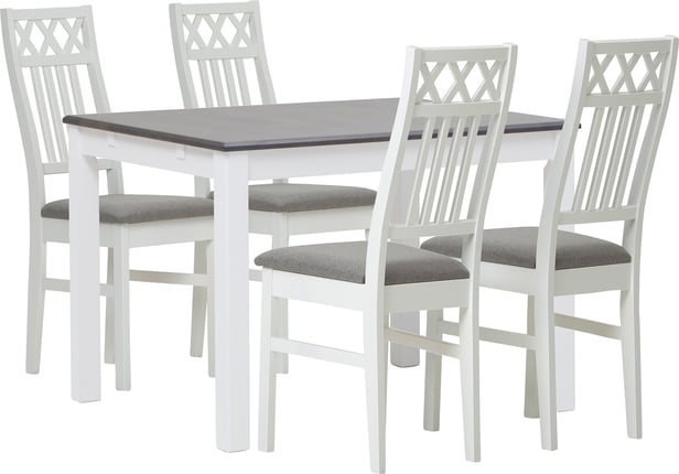 Hovi ruokailuryhmä 120x85. Valkoinen/harmaa pöytä. Valkoinen tuoli, vaaleanharmaa verhoilu