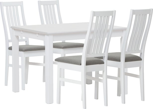 Hovi ruokailuryhmä 120x85. Valkoinen pöytä. Valkoinen tuoli, vaaleanharmaa verhoilu