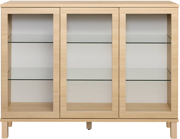 Sata-sarja korkea senkki nro 68. 138cm 3 lasiovea vaalea tammi, kantikas jalka