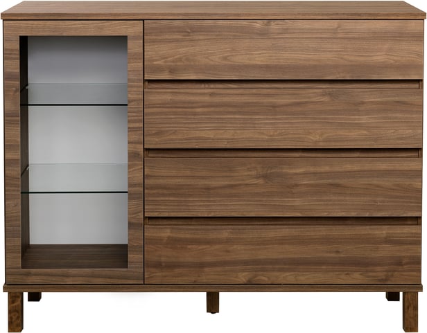 Sata korkea senkki nro 69. 138cm 1 lasiovi vasen + 4ltk ruskea, kantikas jalka