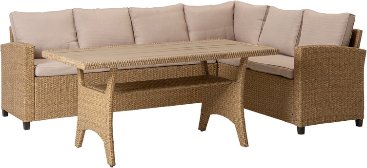 Savona harmaa/beige kulmasohva + korkea sohvapöytä