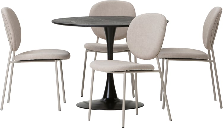 Apollo & Saga ruokailuryhmä pyöreä 100 cm neljälle. Musta pöytä / beige tuoli