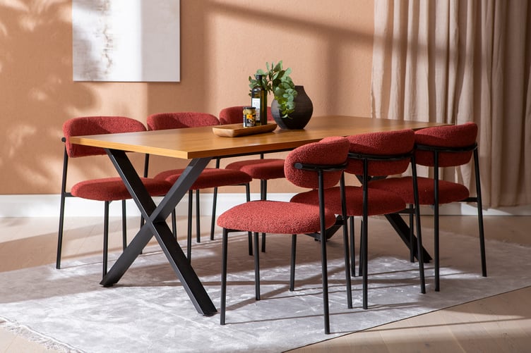 Cenni & Bow ruokailuryhmä 190x90cm kuudelle, tammi (melamiini) / punainen