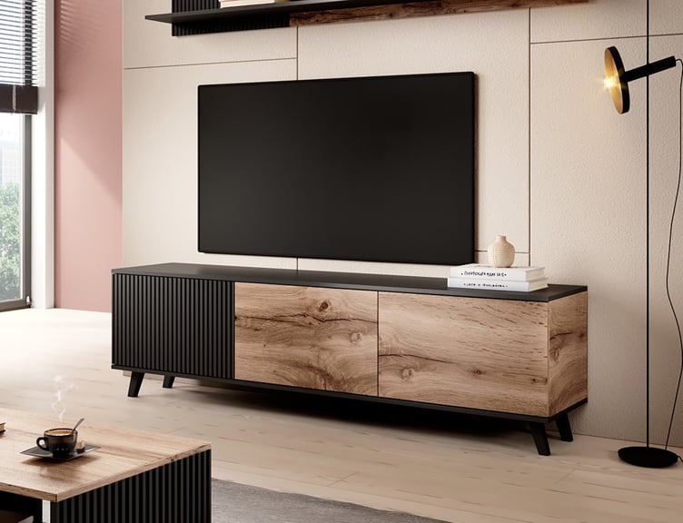 Evelyn tv-taso kolmella ovella 150cm, wotan tammi / musta