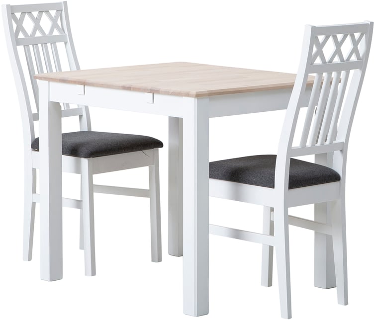Hovi ruokailuryhmä 70x85cm kahdelle, valkoinen/valkolakattu pöytä, valkoinen XXX-tuoli, tummanharmaa verhoilu