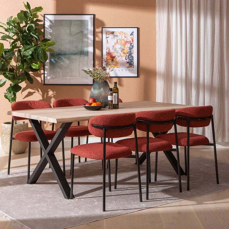 Estelle & Bow ruokailuryhmä 190x95 kuudelle x-jalalla, valkoöljytty tammi / punainen
